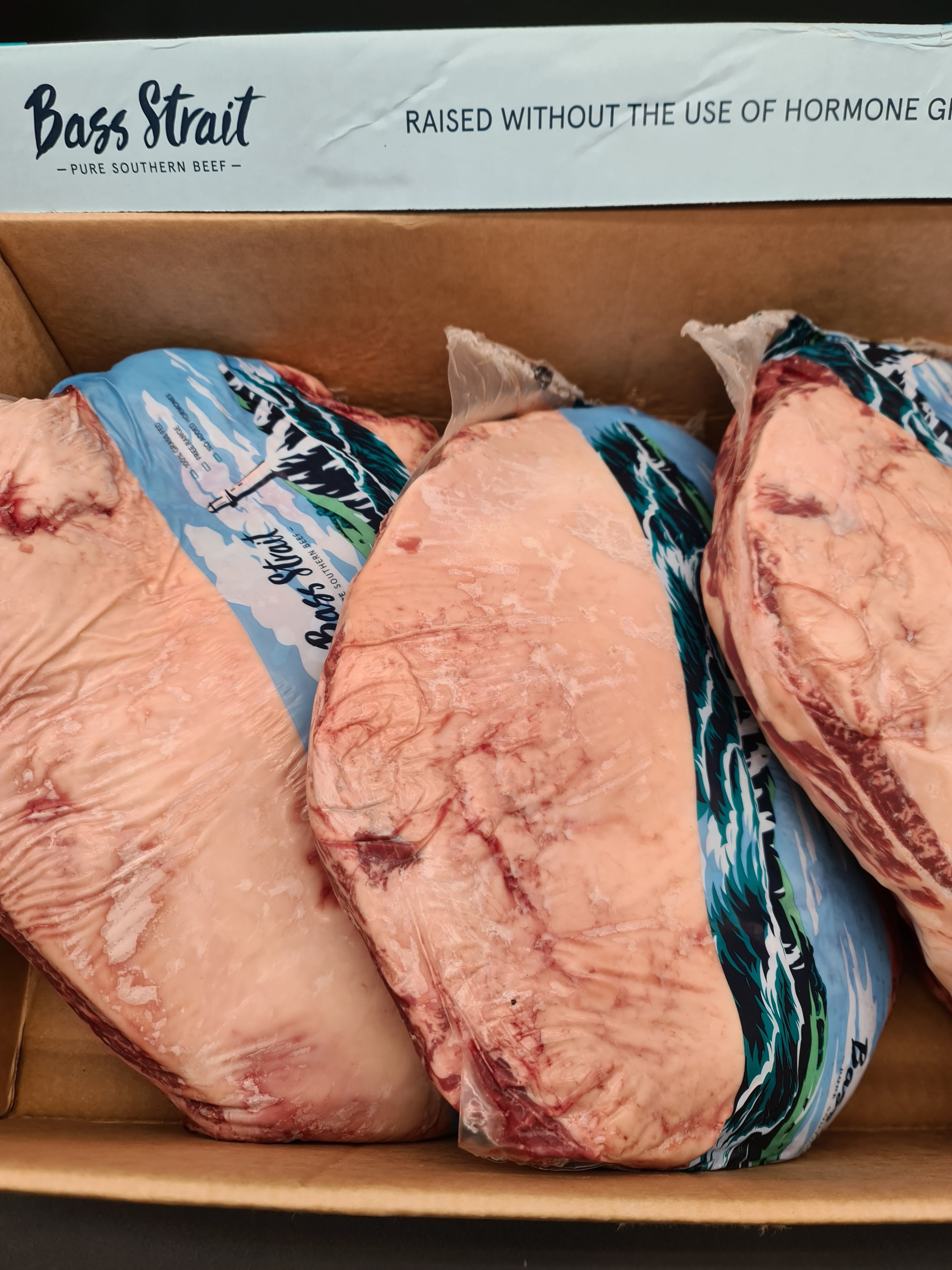 Bass Strait beef cut with blue branded wrap in clear packaging