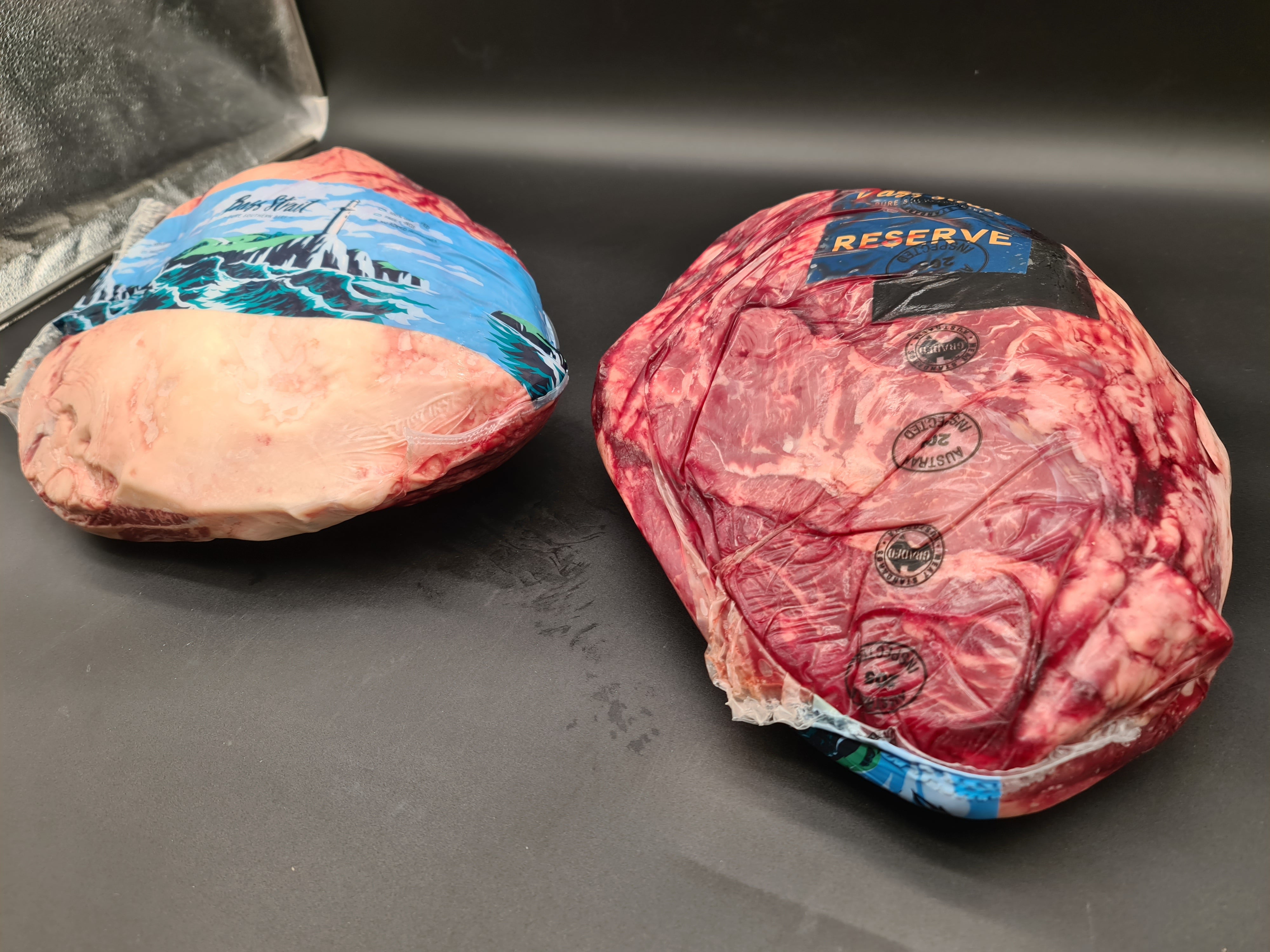 Close-up of two Bass Strait beef cuts in vacuum packaging
