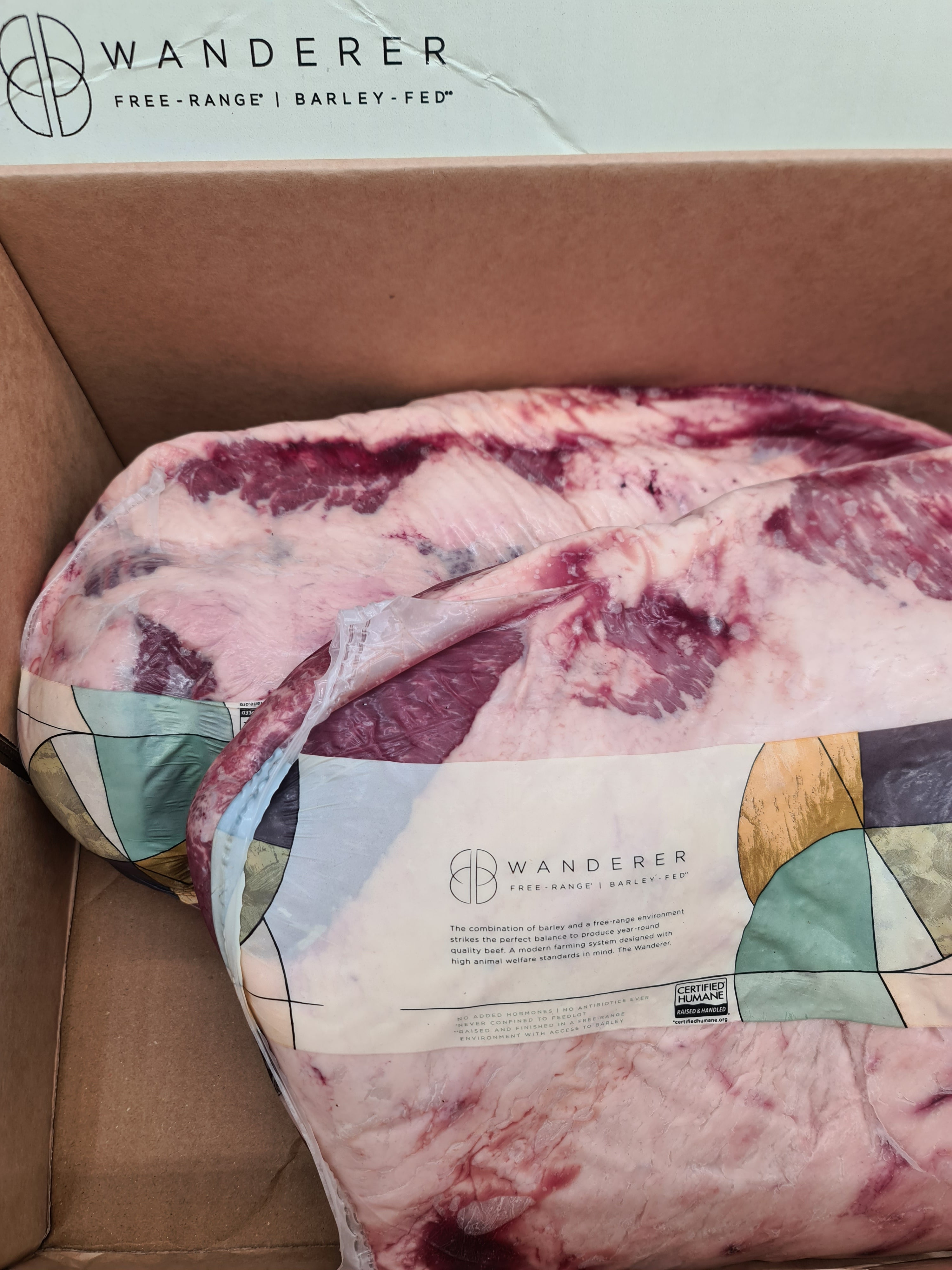 Vacuum-packed Wanderer beef cut with visible fat cap