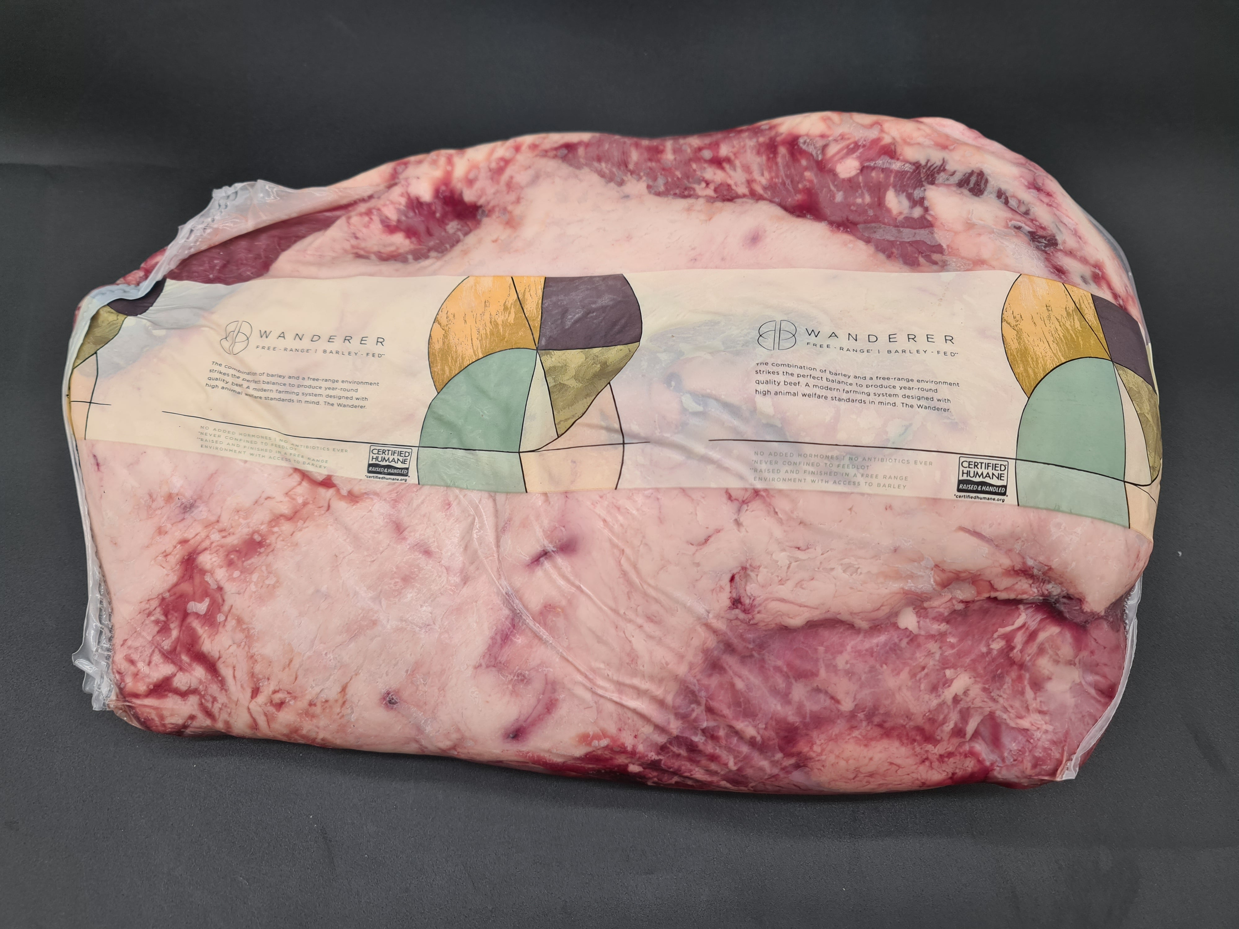 Wanderer beef cut with patterned wrap in clear packaging