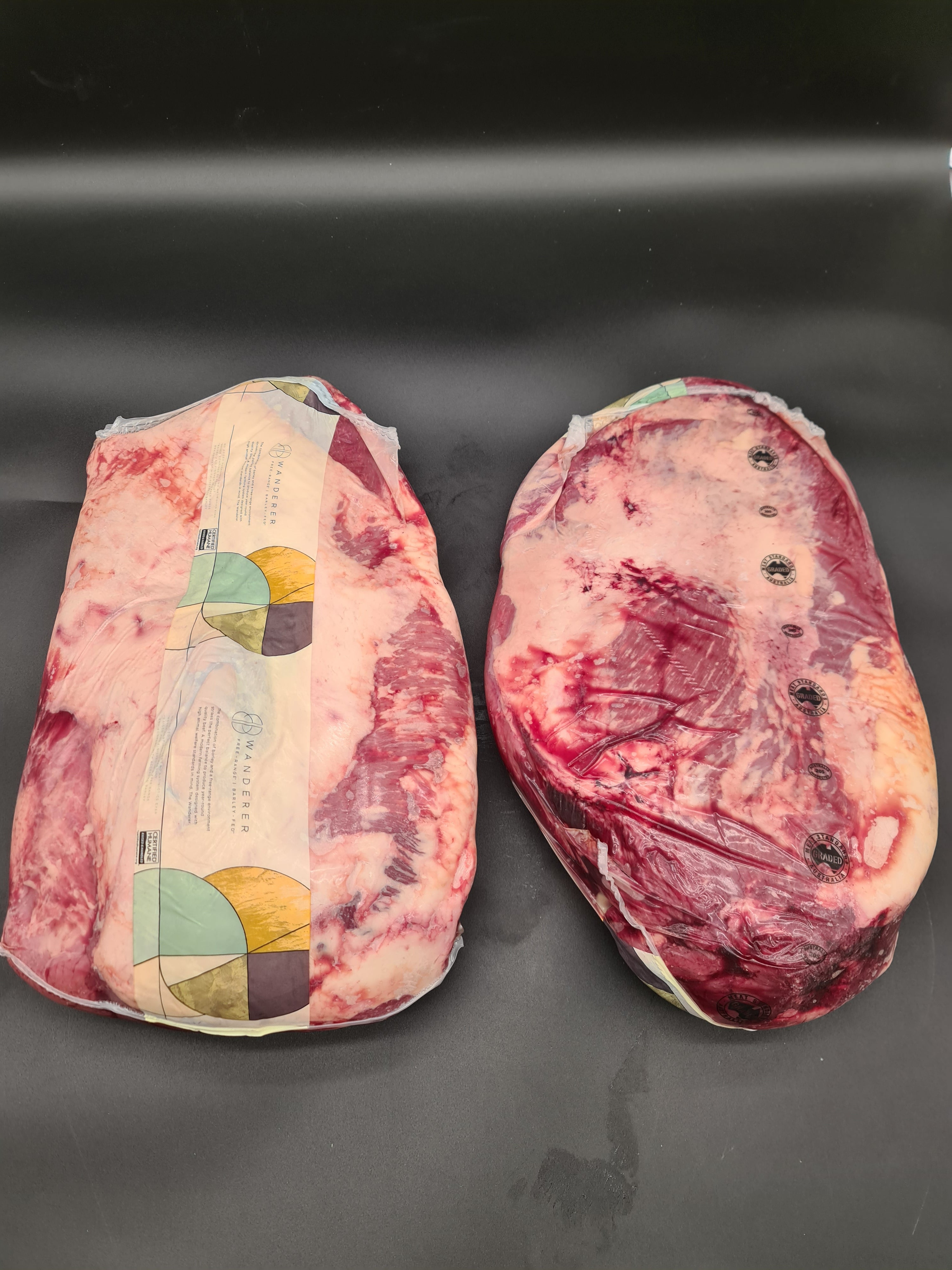 Two Wanderer beef cuts side by side in vacuum packaging