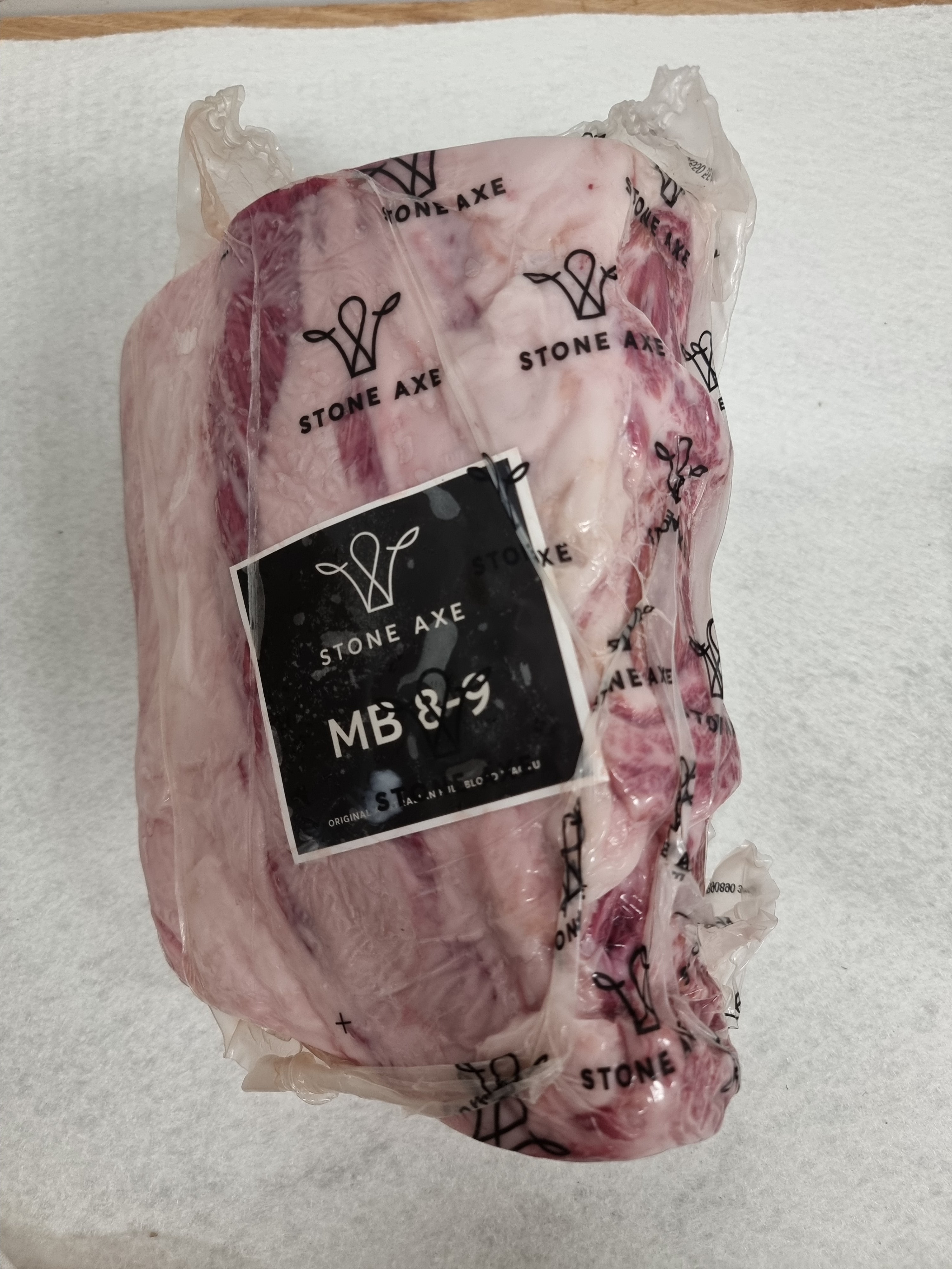Stone Axe full blood Wagyu rib eye MS9+ in clear vacuum packaging