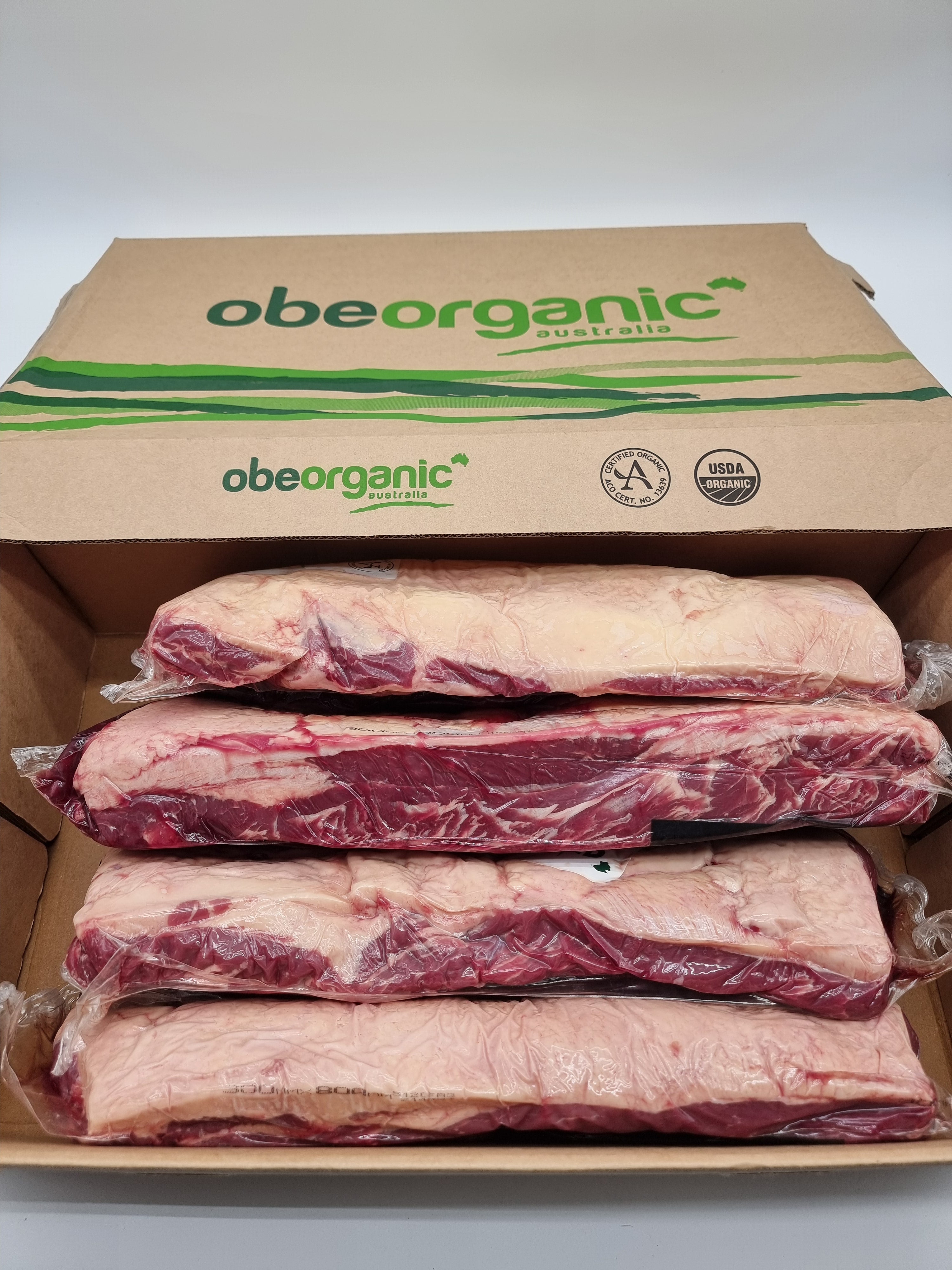 OBE Organic certified grass fed rump cap in vacuum packaging