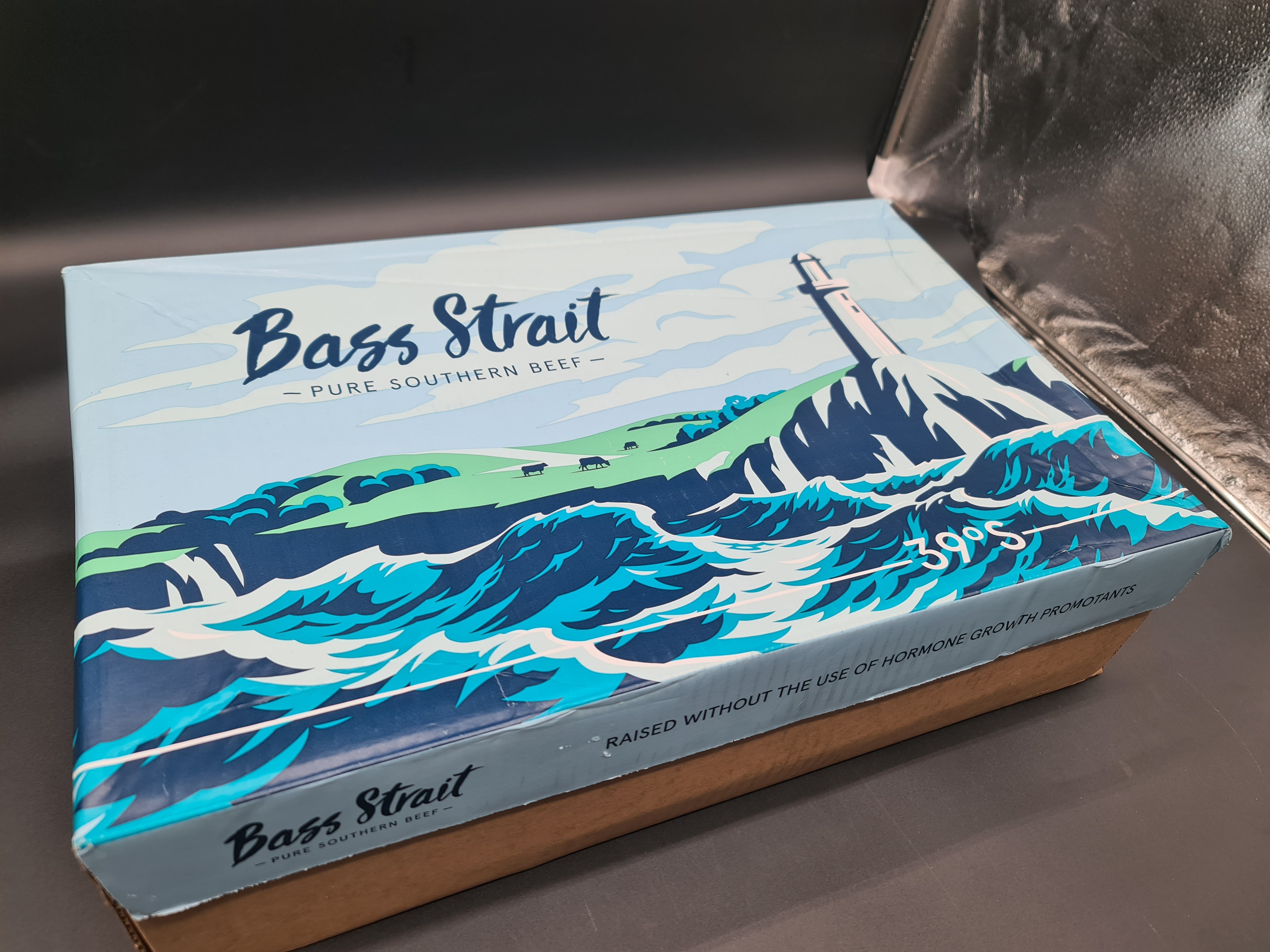 Angled view of closed premium beef box