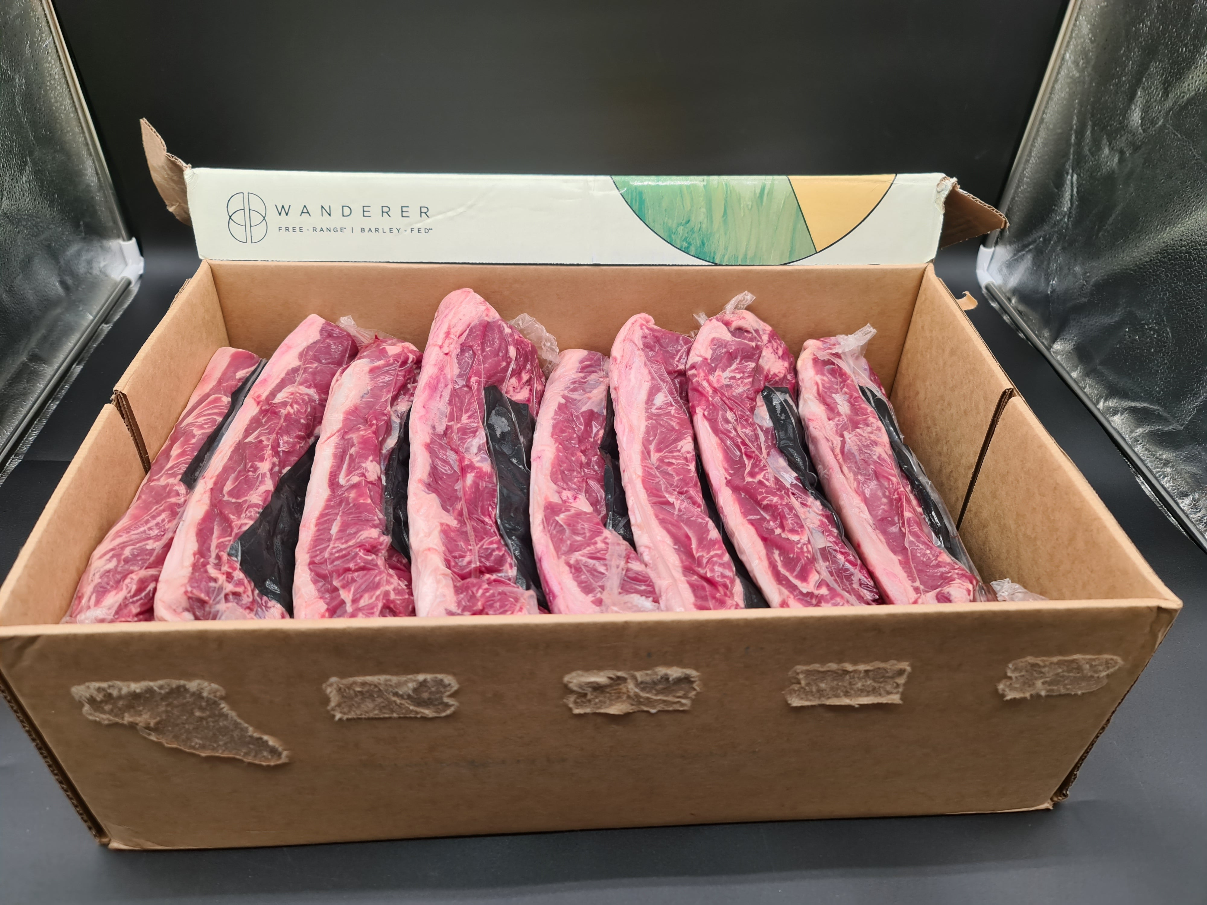 Close-up of premium meat cuts packed inside an open box