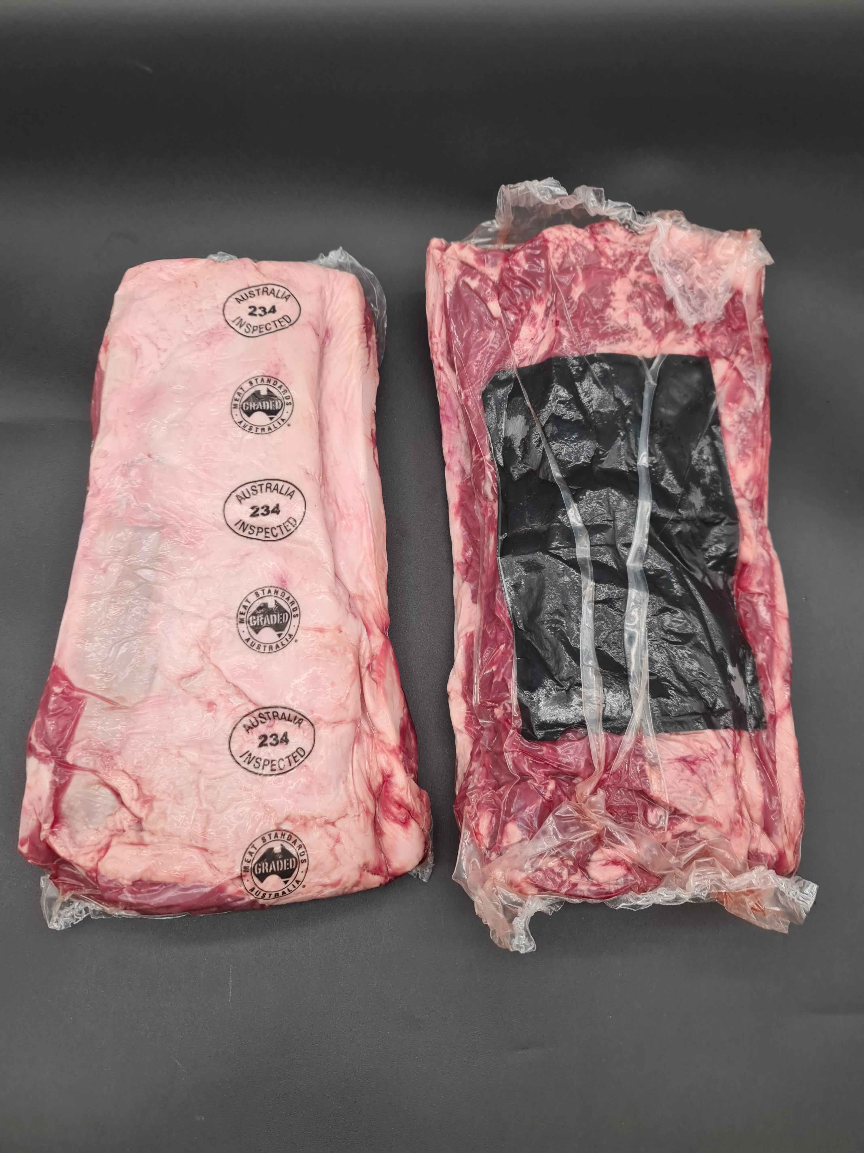 Close-up of two vacuum-packed premium meat cuts