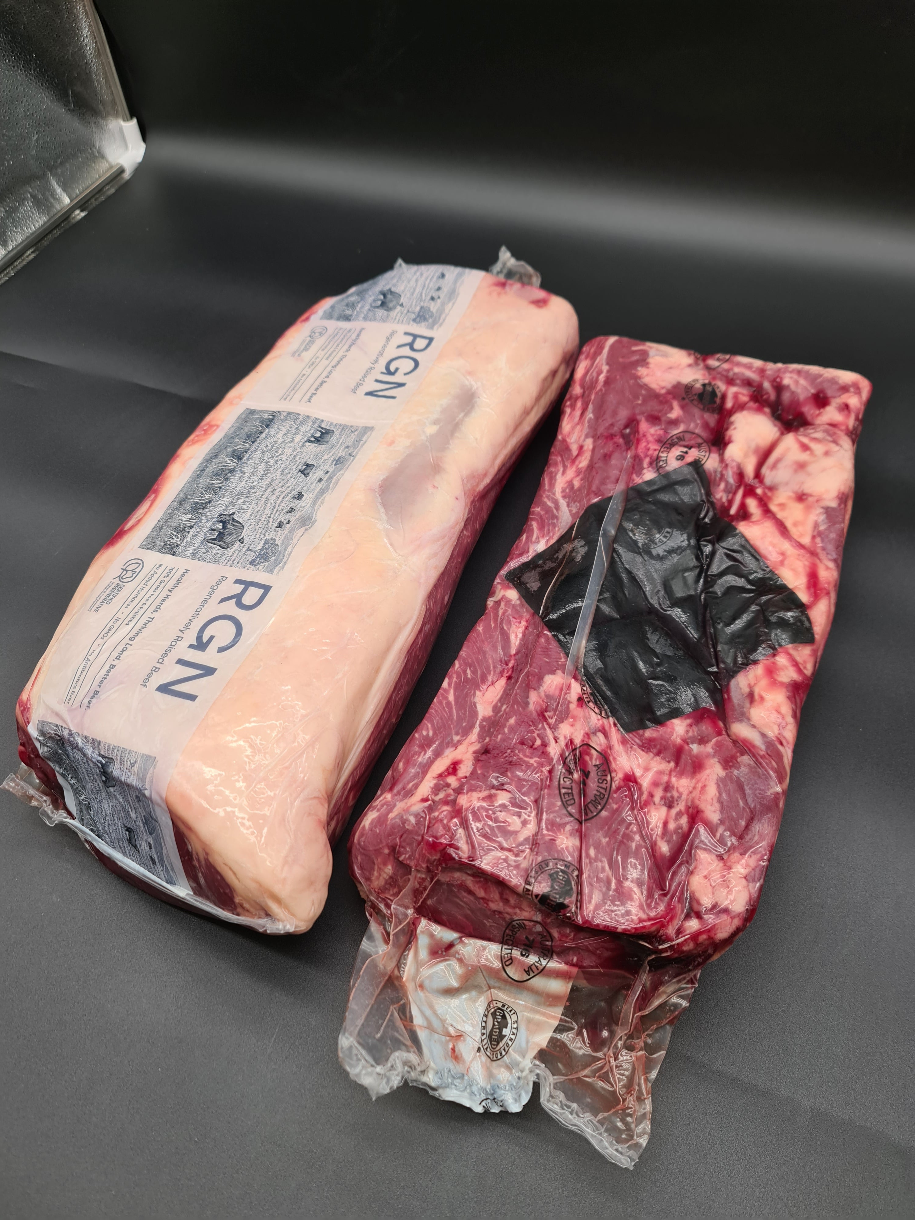 Angled premium meat cut showing lean meat and fat cap