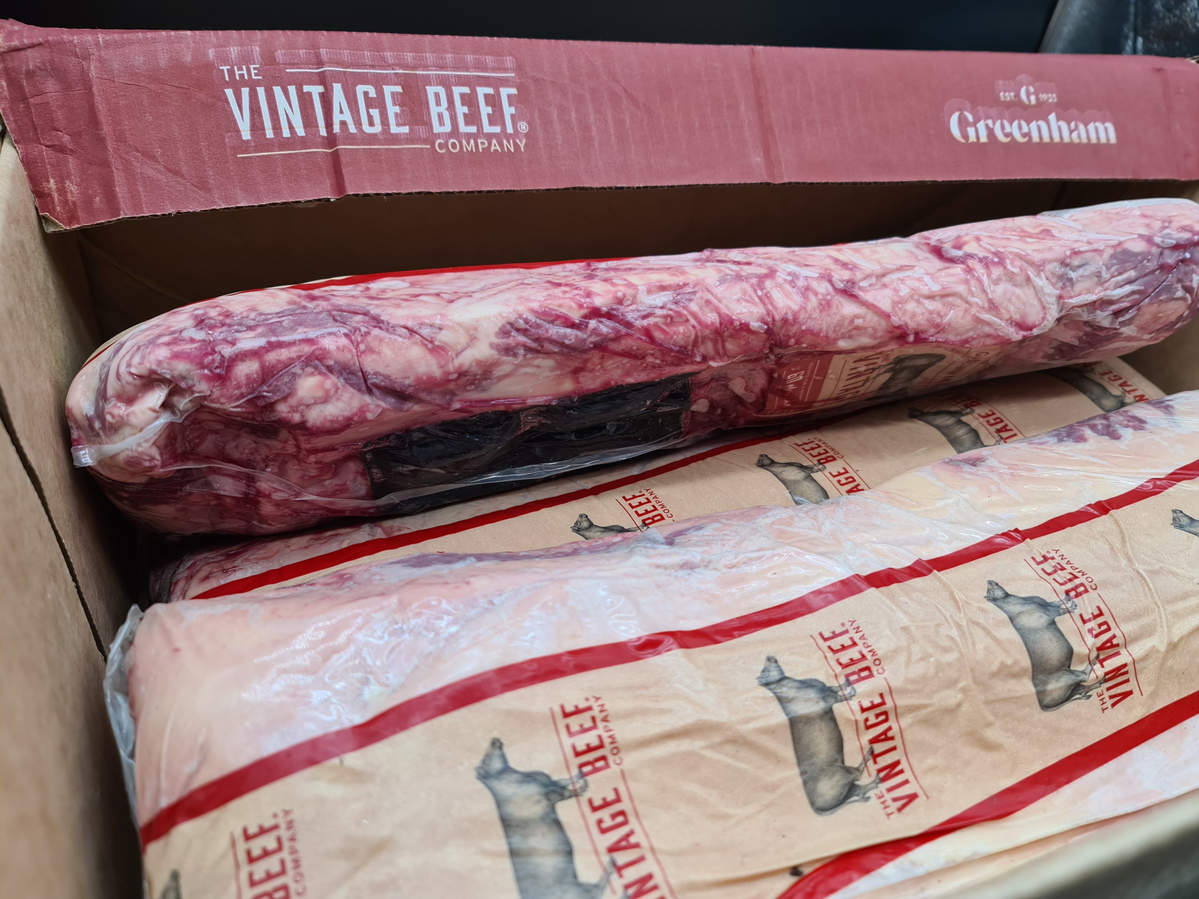 Close-up of premium beef cuts packed in a box