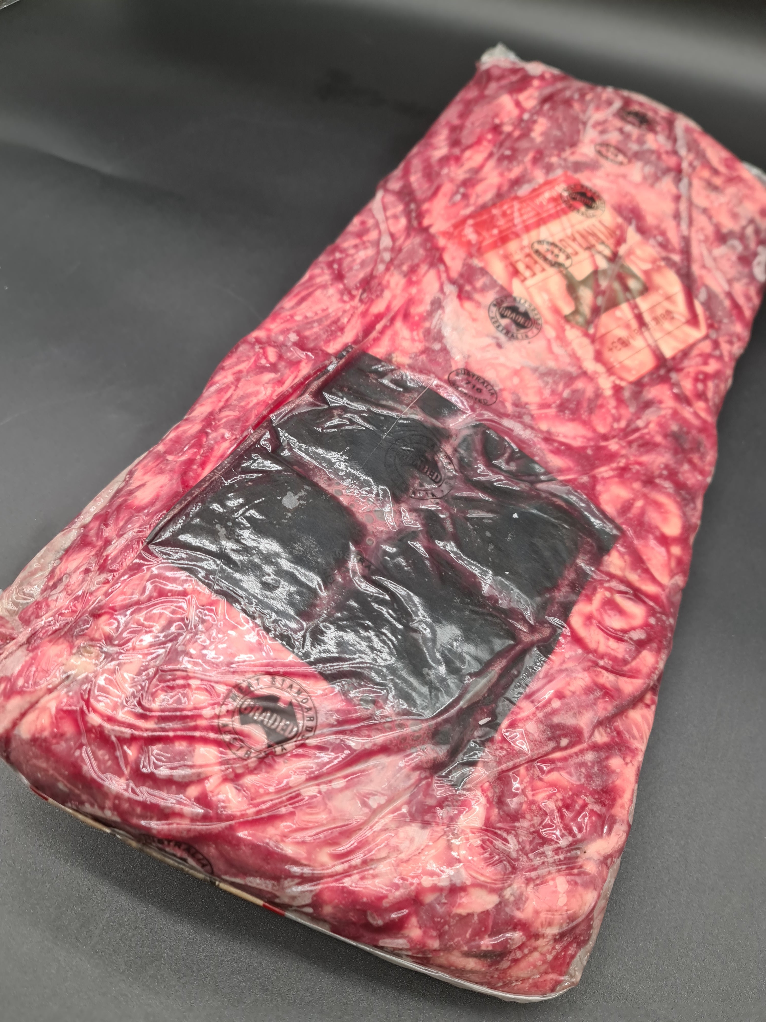Close-up of two premium beef cuts in vacuum packaging