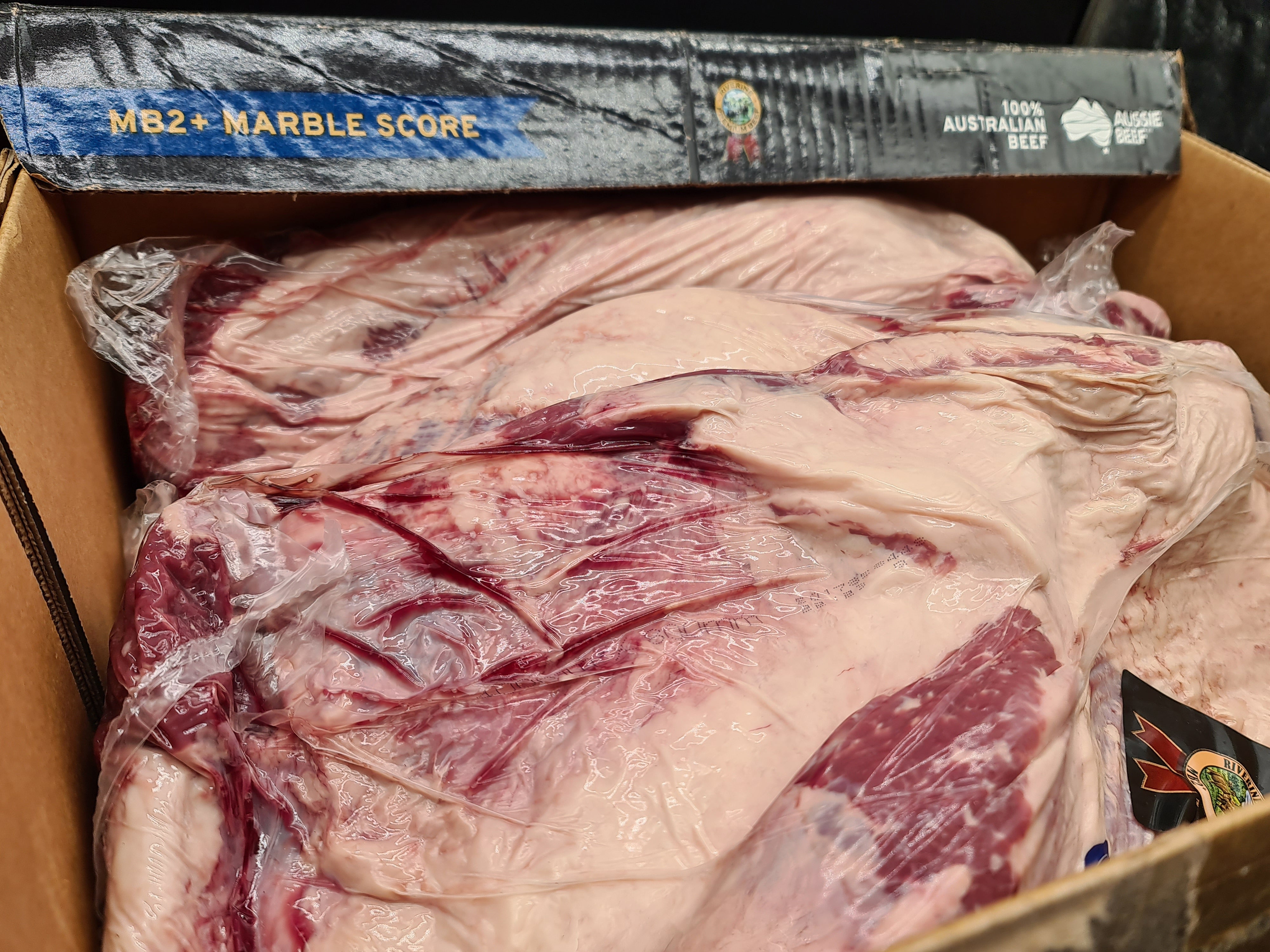 Top view of premium meat cuts packed inside an open box