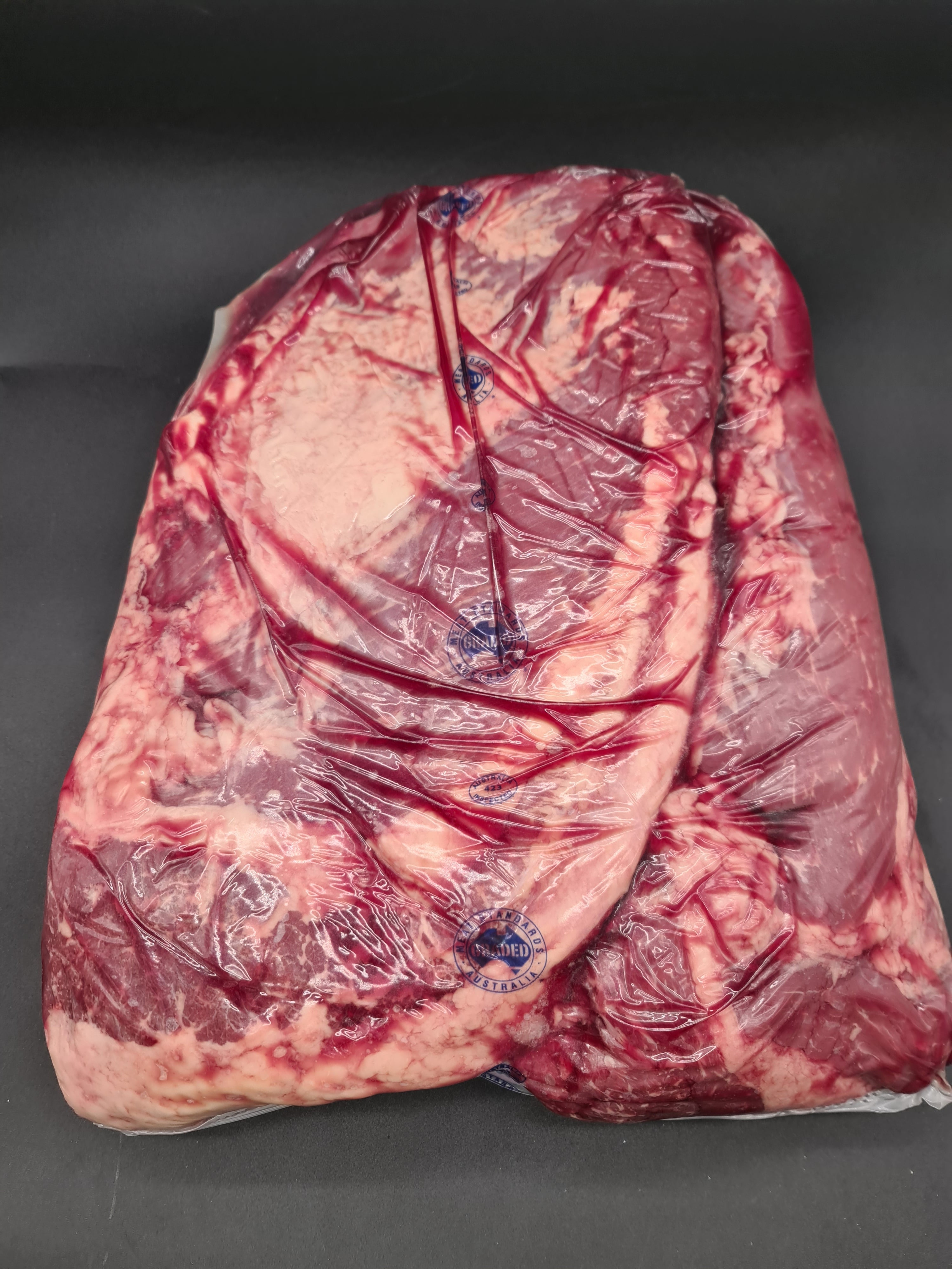 Vacuum-packed premium meat cut on a dark surface