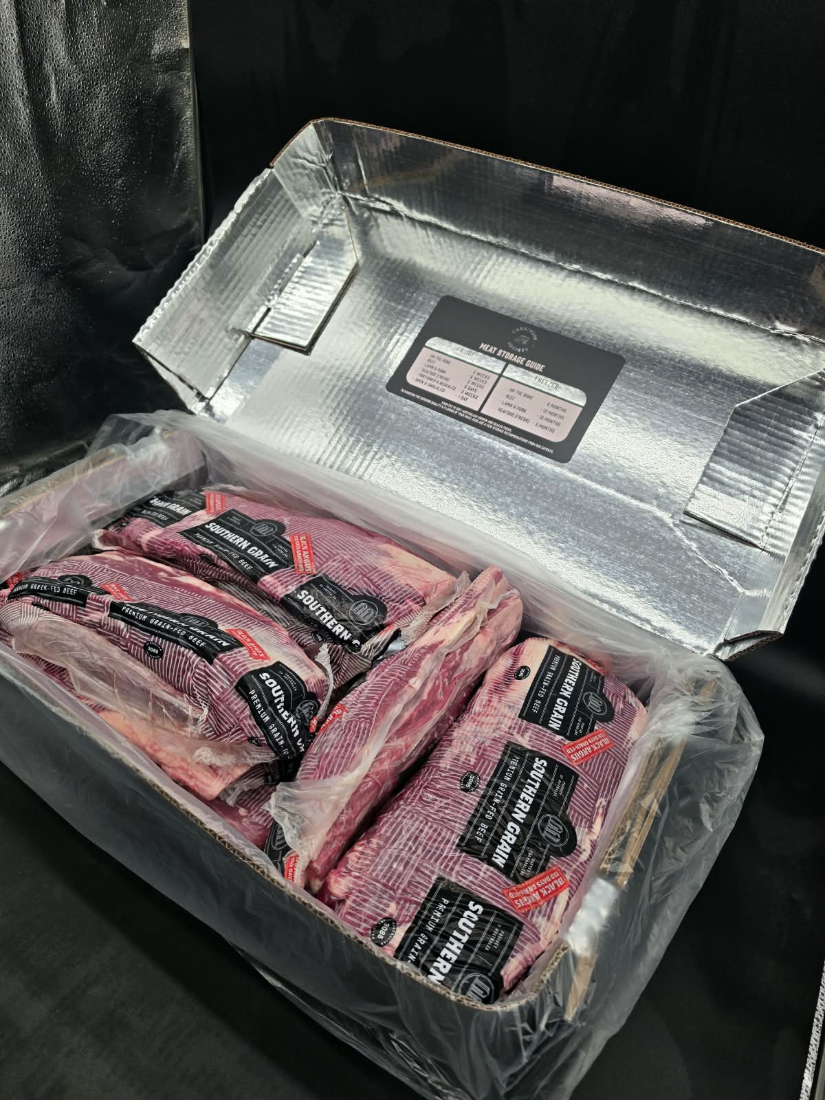 Grain-fed Black Angus flank steak from Southern Grain, vacuum sealed