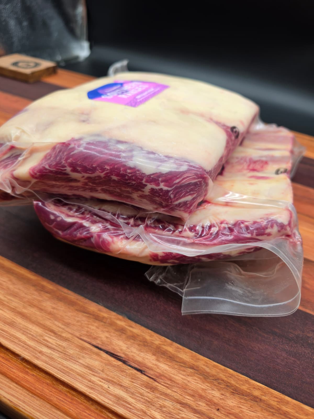 Marbled MB4+ beef short ribs, vacuum packed for freshness