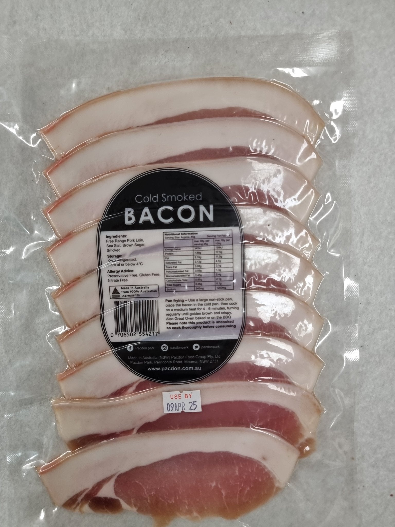 Free Range Cold Smoked Bacon - Pacdon Park - Nitrate, Gluten, Preservative Free - $45/kg - Carnivore Society
