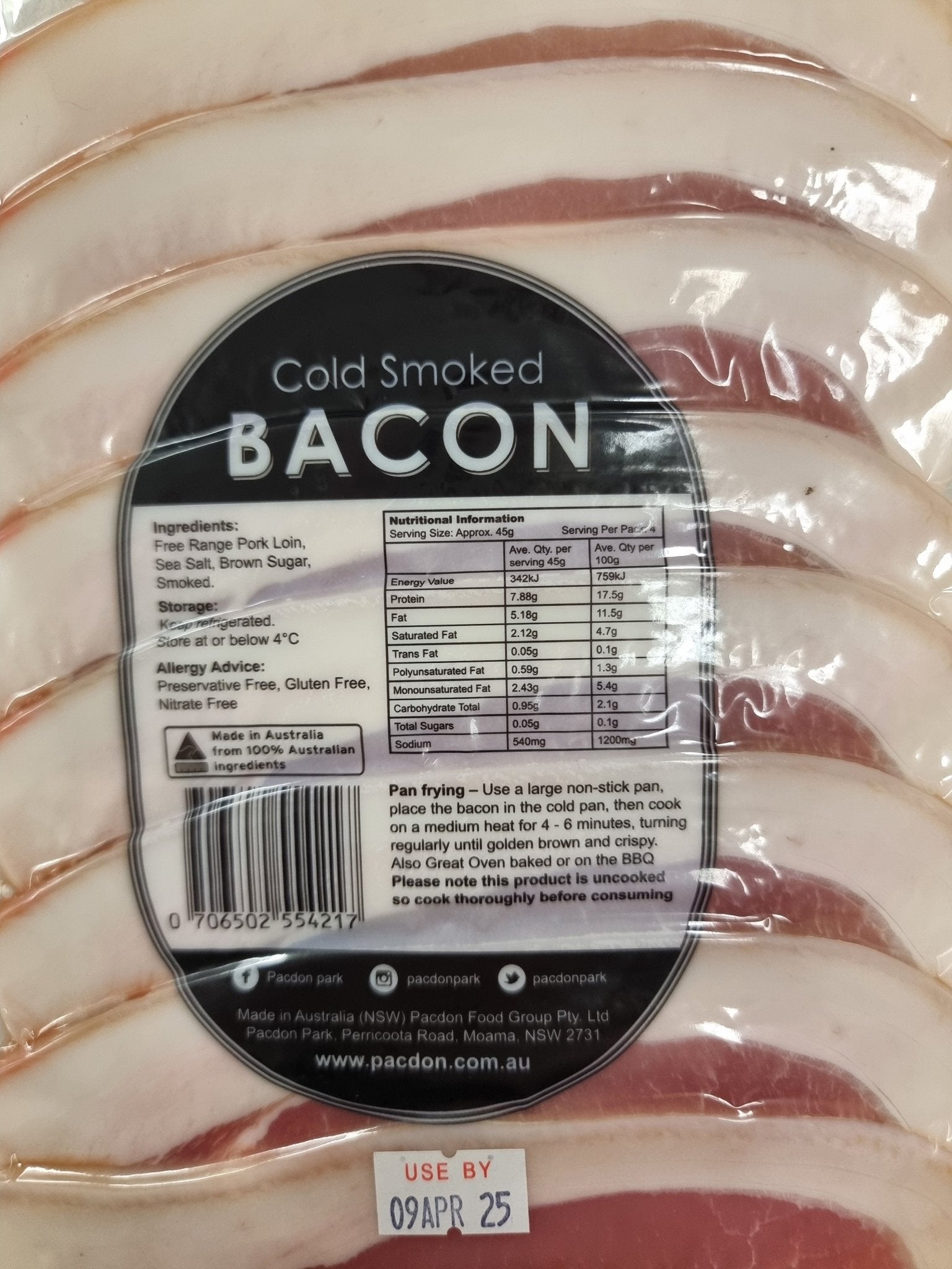 Free Range Cold Smoked Bacon - Pacdon Park - Nitrate, Gluten, Preservative Free - $45/kg - Carnivore Society