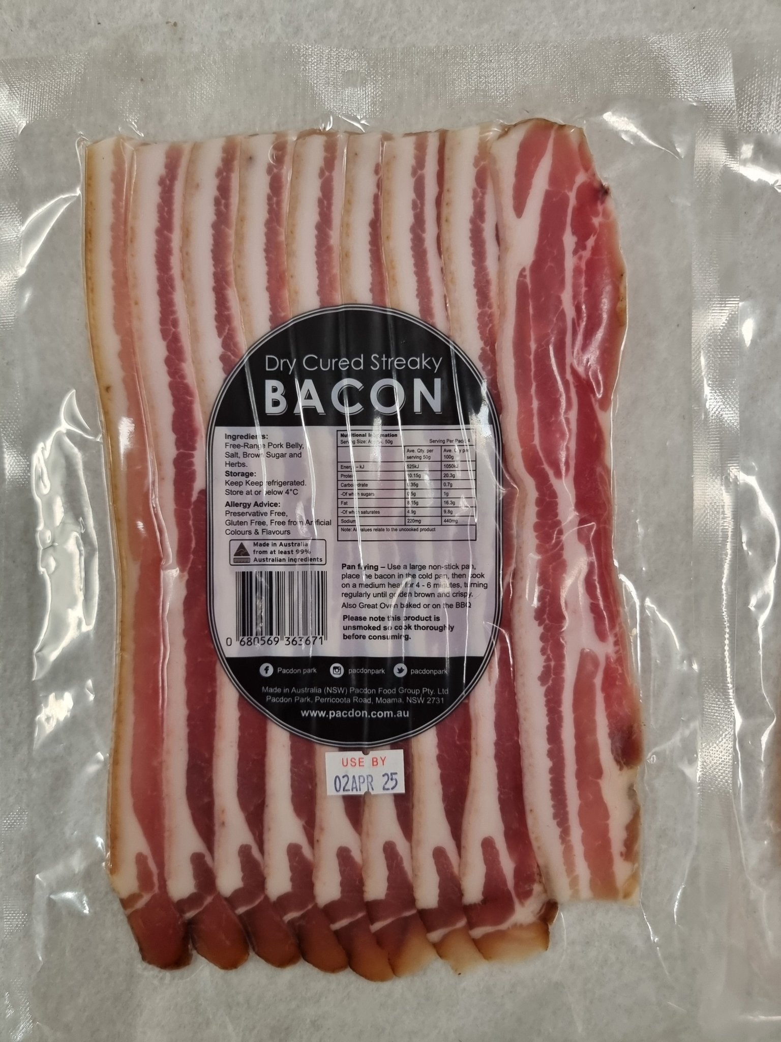 Free Range Dry Cured Steaky Bacon - Pacdon Park - Nitrate, Gluten, Preservative Free - Carnivore Society