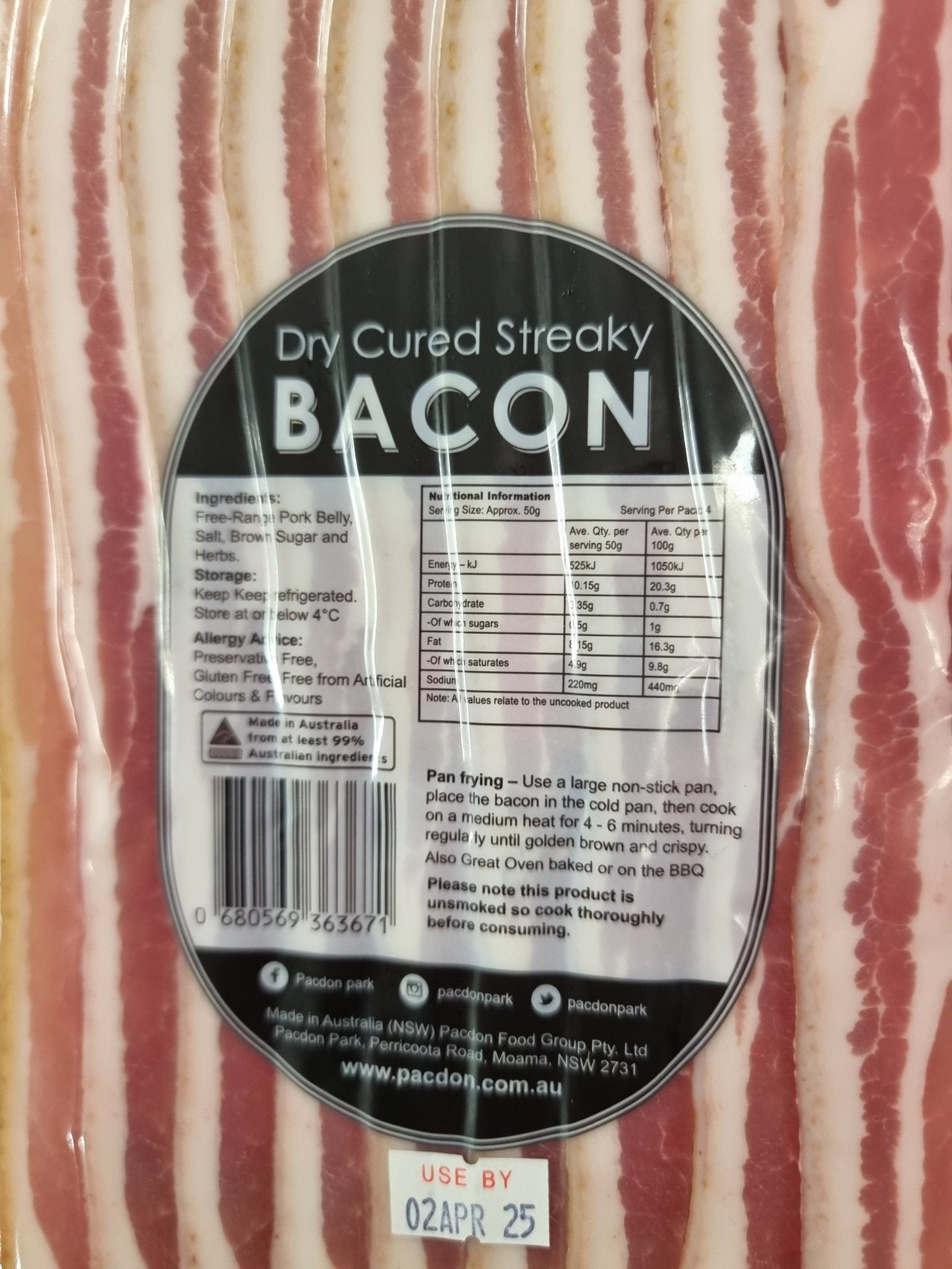 Free Range Dry Cured Steaky Bacon - Pacdon Park - Nitrate, Gluten, Preservative Free - Carnivore Society