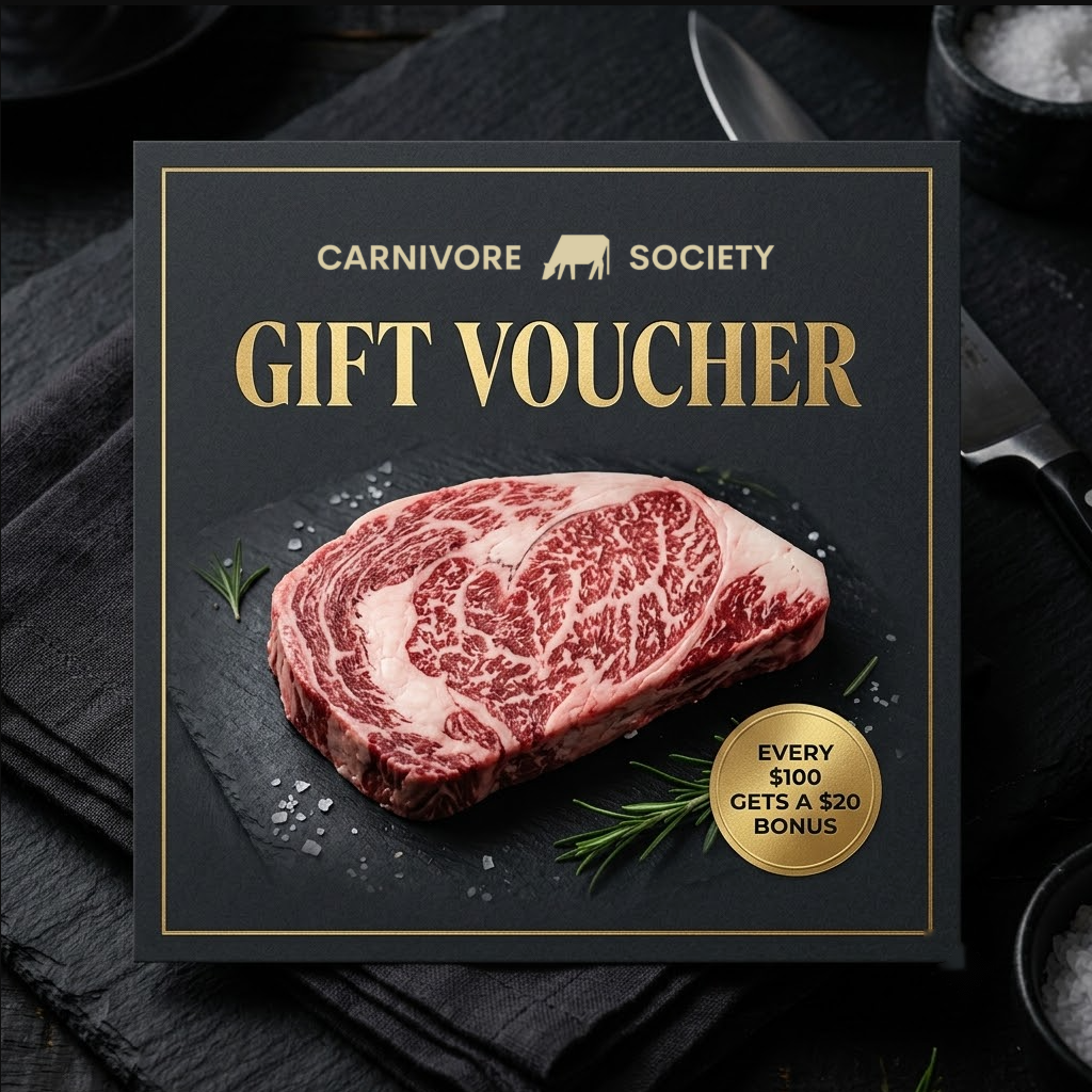 Carnivore Society gift voucher with marbled Wagyu steak and gold badge, every $100 gets a $20 bonus
