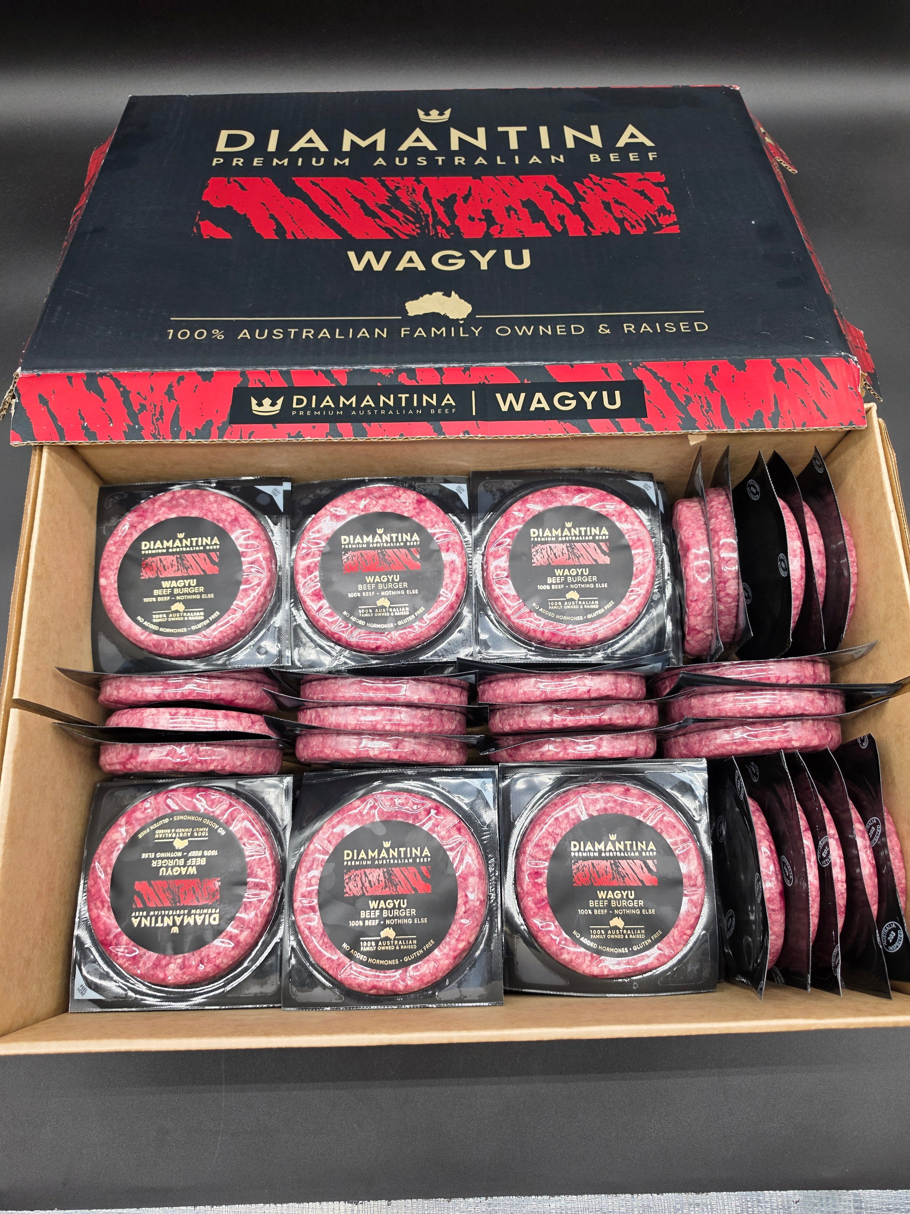 Wagyu beef mince patties stacked in bulk pack