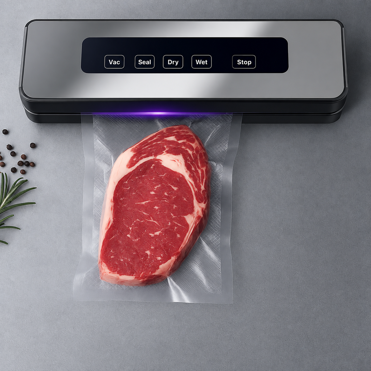 Vacuum sealing machine with five control buttons and a bagged steak